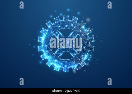 Gear 3d symbol in blue low poly style. Mechanical technology, gear wheel design concept vector illustration. Industry development polygonal wireframe. Stock Vector