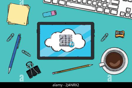 Hand drawn illustration of a laptop lying on a desk with a cloud server on its screen. Sketch style vector graphic Stock Vector