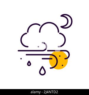 Bad weather autumn night. Rain and wind. Pixel perfect, editable stroke colorful line icon Stock Vector