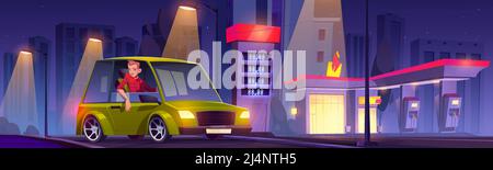 Driver on car refueling station at night, gasoline filling service. Man sitting in automobile near petrol shop building facade, fuel selling for urban Stock Vector