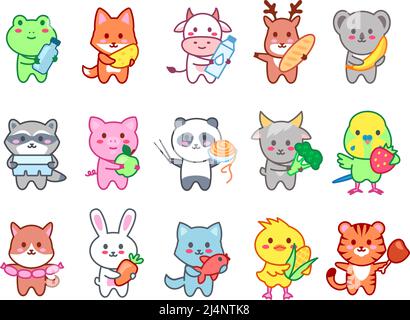 kawaii cartoon set animals food decoration pattern vector ...