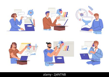 Business scenes with men and women working at home or office, flat cartoon vector illustration isolated on white background. Business analytics, devel Stock Vector