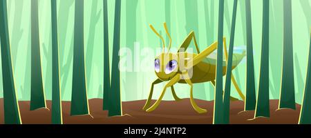 Cartoon grasshopper, cute green cricket or locust character with big eyes and antennas Small insect sitting on field with grass stems. Cheerful smilin Stock Vector