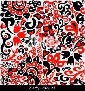 Folk art illustration in red and black colors with Ukrainian traditional ethnical pattern Stock Vector