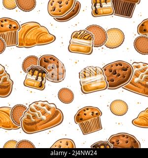 Vector Bakery Seamless Pattern, repeating background with set of cut out illustrations sweet bakery, butter cookies, french sweets with whipped creme Stock Vector