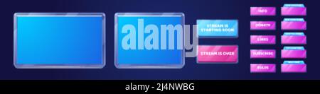 Live stream background, online multimedia player windows and buttons. User interface of pink and blue colors. Social media channel, video blogging bro Stock Vector