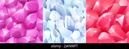 Magic crystals textures, seamless backgrounds for game. White, red and pink gem stones, jewel rock minerals. Natural gemstones, fantasy treasure, asse Stock Vector