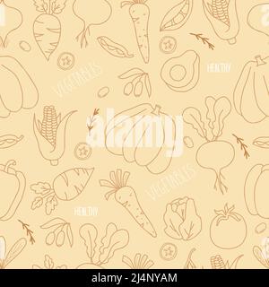 Seamless background with vegetables. Linear hand drawings Pumpkin, beets, cabbage and carrots, avocados and olives, corn and peas on light yellow Stock Vector