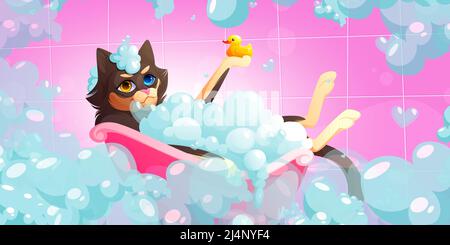 Cat wash in bathtub in pet grooming salon. Vector cartoon illustration of kitten with heterochromia taking bath with soap foam and duck. Spa for domes Stock Vector