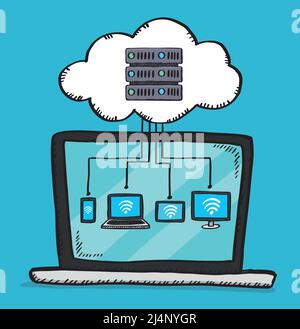 Vector illustration of connecting multiple devices to a cloud server on laptop screen. Sketch style illustration. Stock Vector