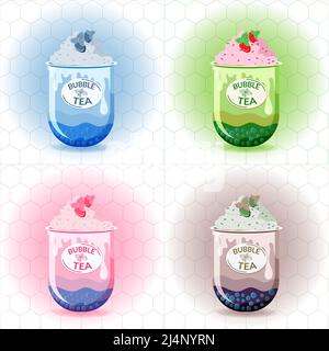 A set of different types of tea. Flat style painted elements. Fancy drinks. Green tea, matcha milk, cacao brownie and fruity, consisting of mixed frui Stock Vector