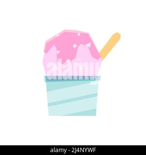 Isolated image of ice cream in a blue paper cup. Pink ice cream sprinkled with sweet topping. Logo, design for postcards, social media. Stock Vector