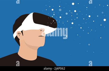 man wearing Virtual reality glasses. look at the virtual sky, vector illustration Stock Vector