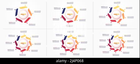 Set of circle infographic design templates. 5 6 7 8 9 10 options. Vector illustration Stock Vector
