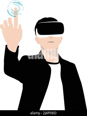 Man wearing VR Virtual Reality glasses, hands up, touching the screen, doing data analysis, Future technology concept. Stock Vector