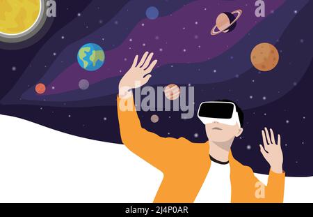VR and Metaverse Concepts, man wearing VR glasses and touching the screen. Solar System with Planets Stock Vector