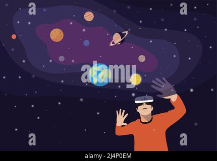 VR and Metaverse Concepts, man wearing VR glasses and touching the screen. Solar System with Planets Stock Vector