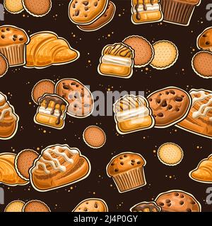 Vector Bakery Seamless Pattern, repeat background with set of cut out illustrations sweet bakery, marie cookie, traditional french sweets with custard Stock Vector