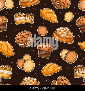 Vector Baked Goods Seamless Pattern, repeating background with set of cut out illustrations sweet bake, butter cookies, french sweets with custard cre Stock Vector