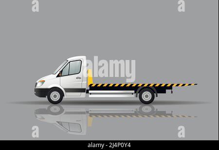 Tow truck for transport malfunctions and emergency vehicles. Reflection on the ground. Flat vector illustration. Stock Vector