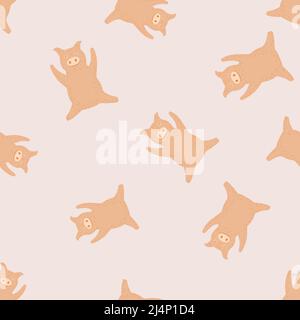 Seamless pattern cute pigs. Background of chubby piggy in doodle style. Repeated design texture for printing, fabric, wrapping, wallpaper, tissue. Vec Stock Vector
