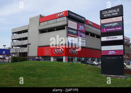 Kia car dealership in Colindale, London, United Kingdom with Colindale Retail Park sign poster in view