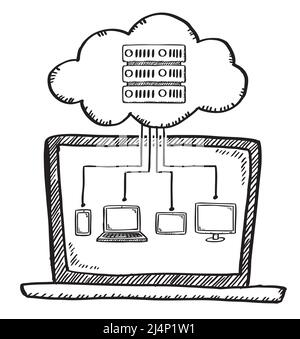 Cartoon style doodle of notebook, smartphone, tablet, television connected by cloud server Stock Vector