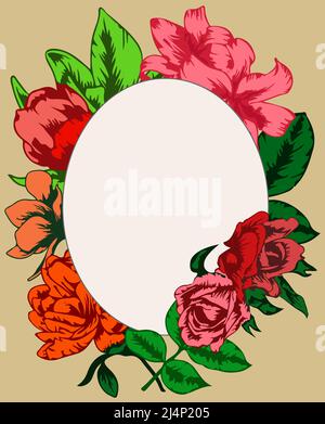 Greeting card with oval frame text box and beautiful blooming garden flowers Stock Vector