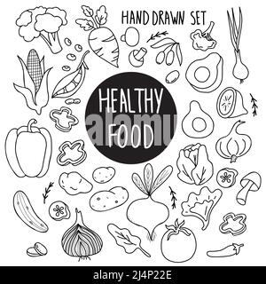 Healthy food. Big set of linear vector vegetables. Root vegetables and mushrooms, avocado and olives, tomato and corn, onion and garlic, cucumber and Stock Vector