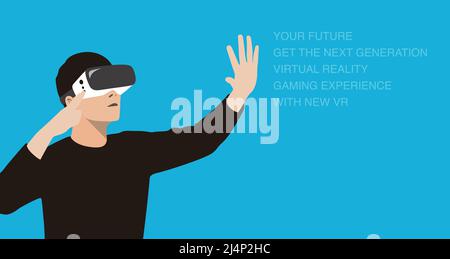 Man wearing VR Virtual Reality glasses, hands up, touching the screen, doing data analysis, Future technology concept. Stock Vector