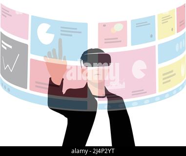 Man wearing VR Virtual Reality glasses, hands up, touching the screen, doing data analysis, Future technology concept. Stock Vector