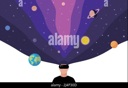 VR and Metaverse Concepts, man wearing VR glasses and touching the screen. Solar System with Planets Stock Vector