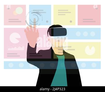 Man wearing VR Virtual Reality glasses, hands up, touching the screen, doing data analysis, Future technology concept. Stock Vector
