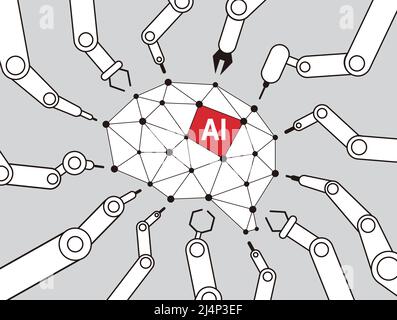 Robot machine arms focus on the brain of the Artificial Intelligence, vector illustration Stock Vector