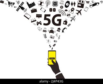 5G concept in the future, hand holding smart phone, using 5g technology, shopping online, vector illustration Stock Vector