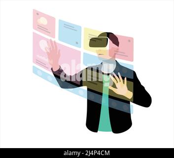 Man wearing VR Virtual Reality glasses, hands up, touching the screen, doing data analysis, Future technology concept. Stock Vector