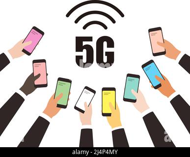5G 5th generation mobile network wireless concept, many hans holding smart phone Stock Vector