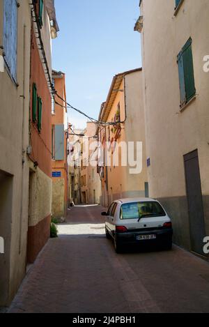 The narrow streets of Perpignan, Southern France, Pyrénées-Orientales. The historic city of Perpignan was the capital of the Kingdom of Majorca. Stock Photo