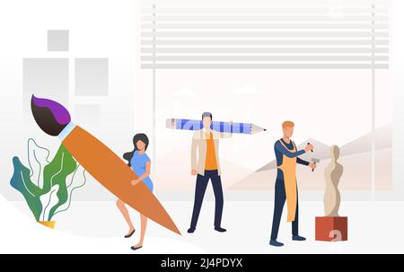 Artists holding brush and pencil, sculptor working on sculpture. Workshop, craft, knowledge concept. Vector illustration can be used for topics like s Stock Vector