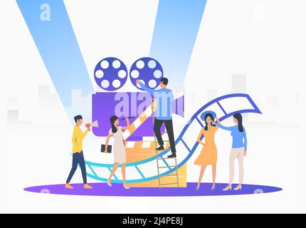 Camera crew preparing for film. Camera, scenario, actors. Filmmaking concept. Vector illustration for presentation slide, poster, new project Stock Vector