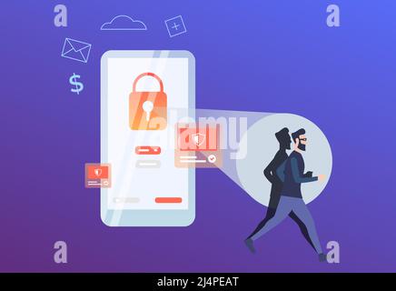 Hacker running from red lock on phone screen. Smartphone with alert notifications. Hacker attack failure concept. Vector illustration can be used for Stock Vector