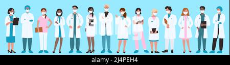 Medic workers standing together in row vector illustration. Cartoon brave paramedic team, doctors and nurses wearing hospital uniform and medical face masks background. Frontline, medicine concept Stock Vector