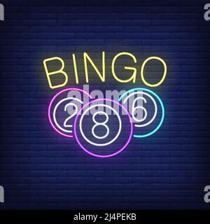 Bingo neon lettering and balls with numbers. Gamble, lotto, entertainment design. Night bright neon sign, colorful billboard, light banner. Vector ill Stock Vector