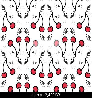 Sweet cherry repeating pattern. Seamless texture with wild berries. Summer motives with fresh healthy food ingredients Stock Vector