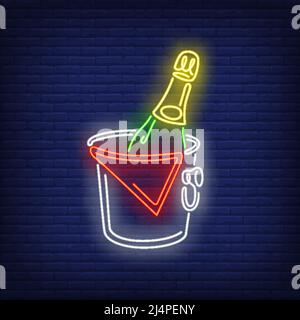 Champagne bottle in bucket neon sign. Restaurant, party, alcoholic drink design. Night bright neon sign, colorful billboard, light banner. Vector illu Stock Vector