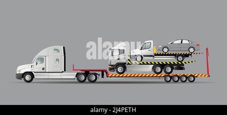 Tow truck. The process of evacuation of emergency transport with evacuated cars. Flat vector illustration. Stock Vector