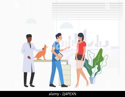 Doctor Visiting. Cartoon Doctors, Woman Examining In Hospital. Patient 