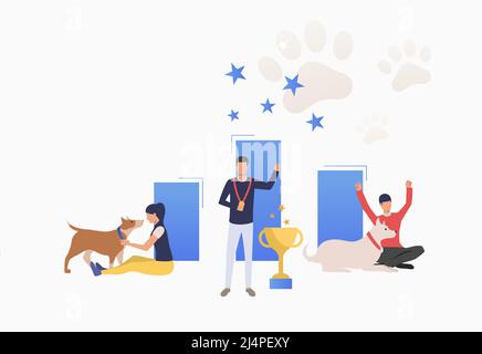 Dog owners celebrating victory at dog show. Winner, award, animal concept. Vector illustration can be used for topics like entertainment, competition, Stock Vector