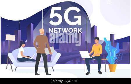 Men and woman working on laptops in modern office space. Communication, high speed internet, technology. 5G network concept. Vector illustration can b Stock Vector