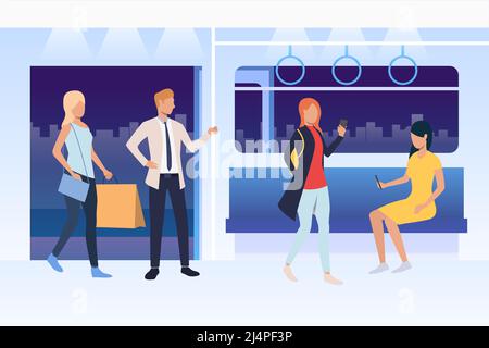 People sitting and standing in subway train. Passengers using smartphones, holding bags. Public transport concept. Vector illustration can be used for Stock Vector